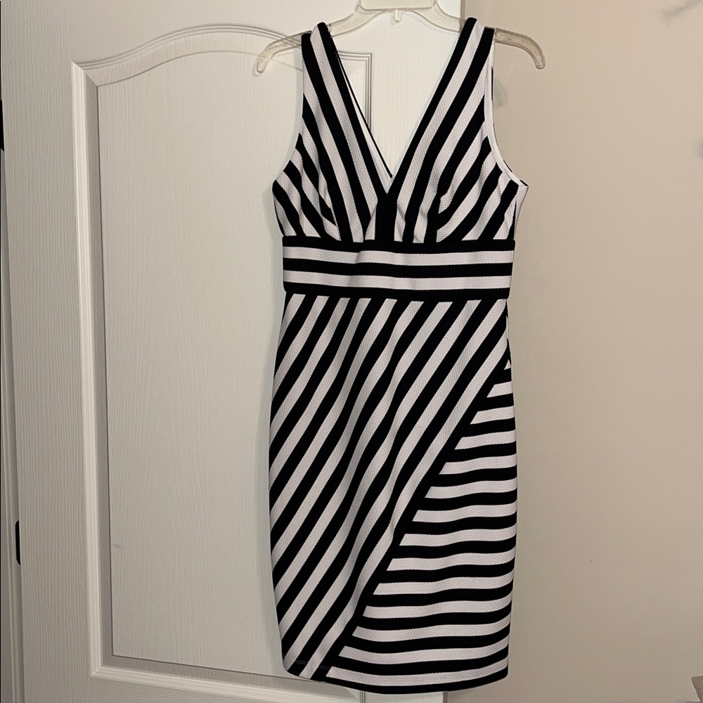 B. Smart Black and White Striped Midi Dress